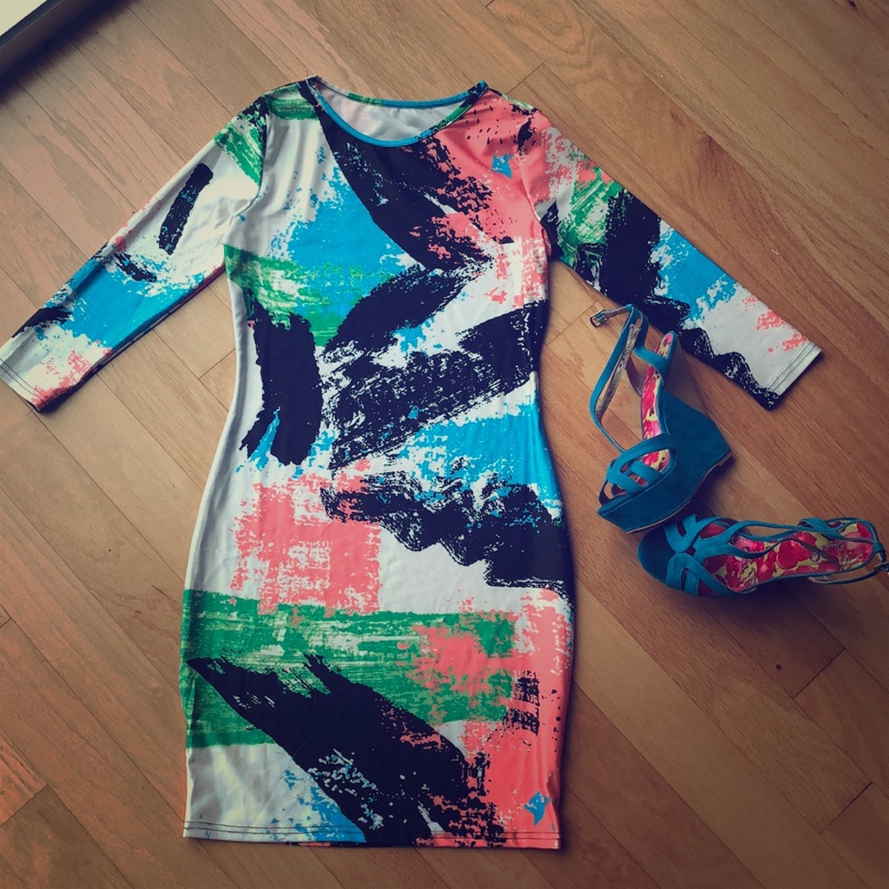 Black, Green, Blue, Pink Graffiti Dress
